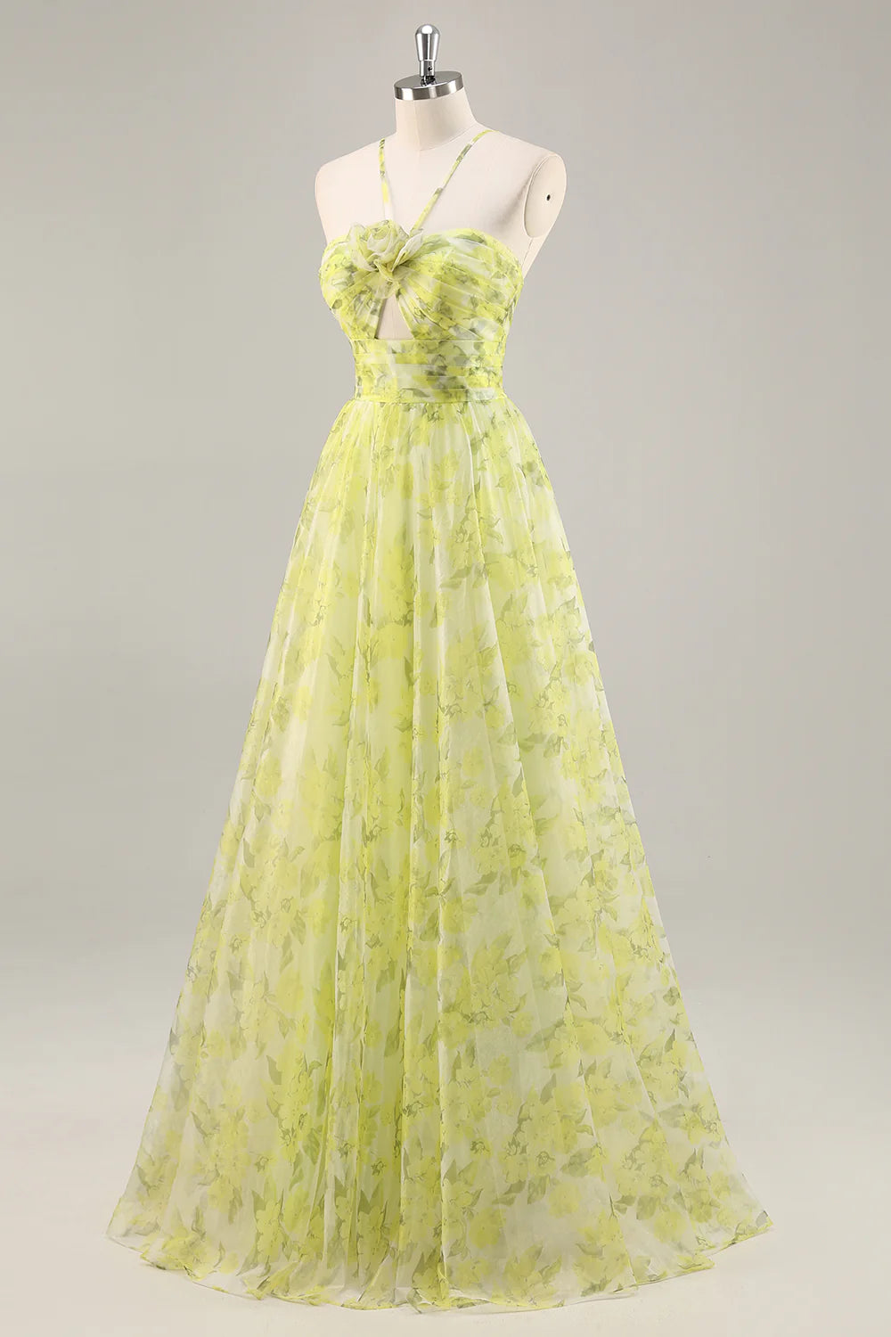 Yellow Green A-Line Cut Out Floral Long Prom Dress